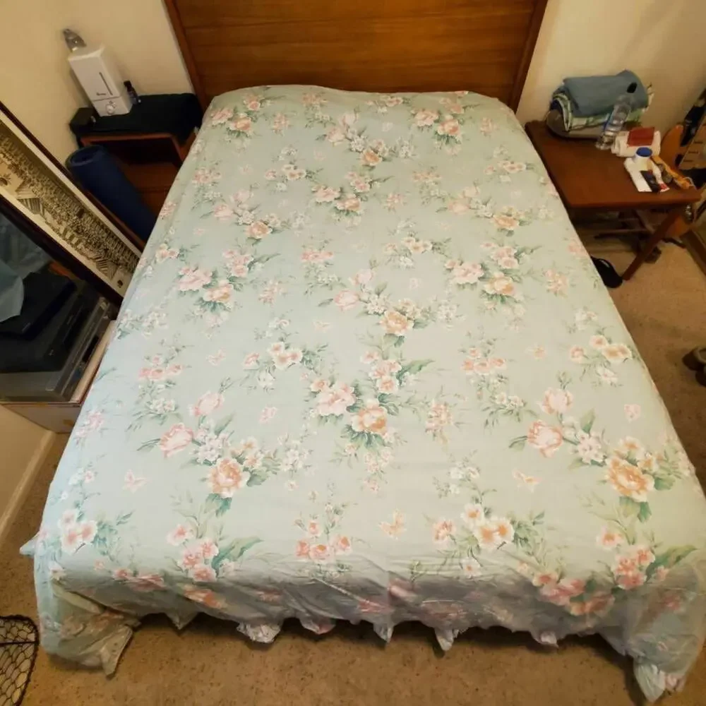Vintage J.P. Stevens Full Flat Sheet 1970s Green Floral No Iron USA 78 x 100